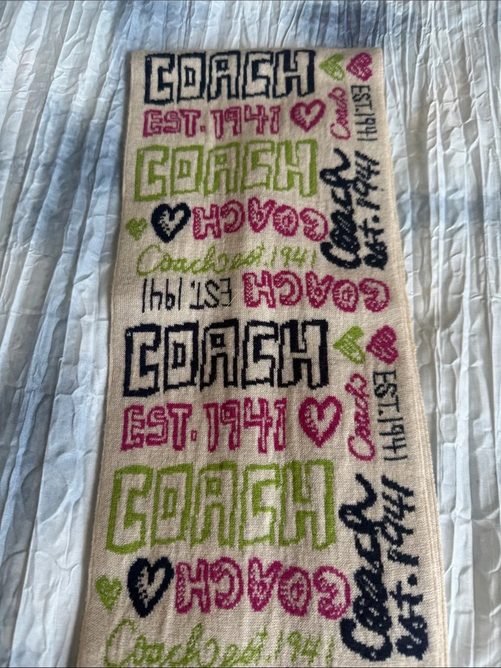 Coach Logo Print Scarf in Pink, Lime & Navy on Cream